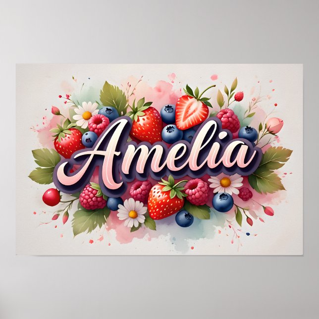 Personalisiertes Berry Floral Name Poster "Amelia" (Vorne)