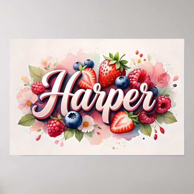 Personalisiertes Berry Floral Name Poster "Harper" (Vorne)