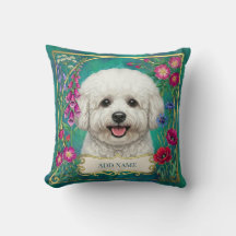Personalisiertes Bichon Frise Teal Blumenkissen