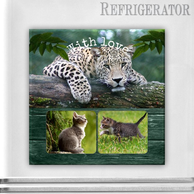 Personalisiertes Big Cat Your Animal Fotos Magnet (Photo magnet featuring a lovely big cat resting on a tree branch overlooking your personal photos)