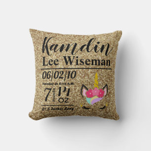 Personalisiertes Birth Unicorn Gold Glitzer Kissen
