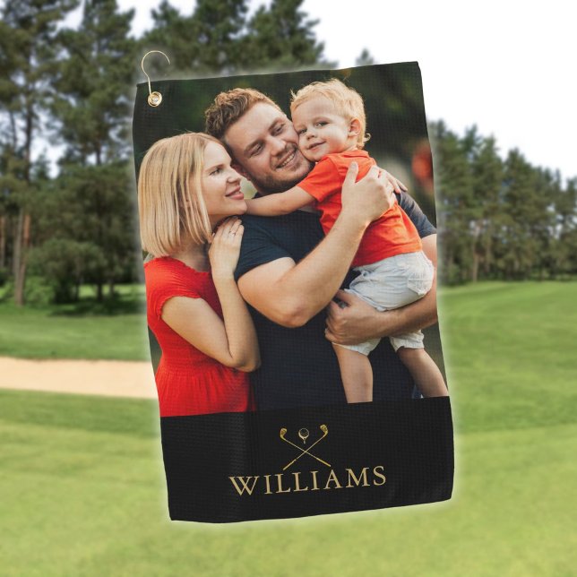 Personalisiertes Black and Gold Golf Clubs Foto Golfhandtuch (Personalized Black And Gold Golf Clubs Photo Golf Towel)