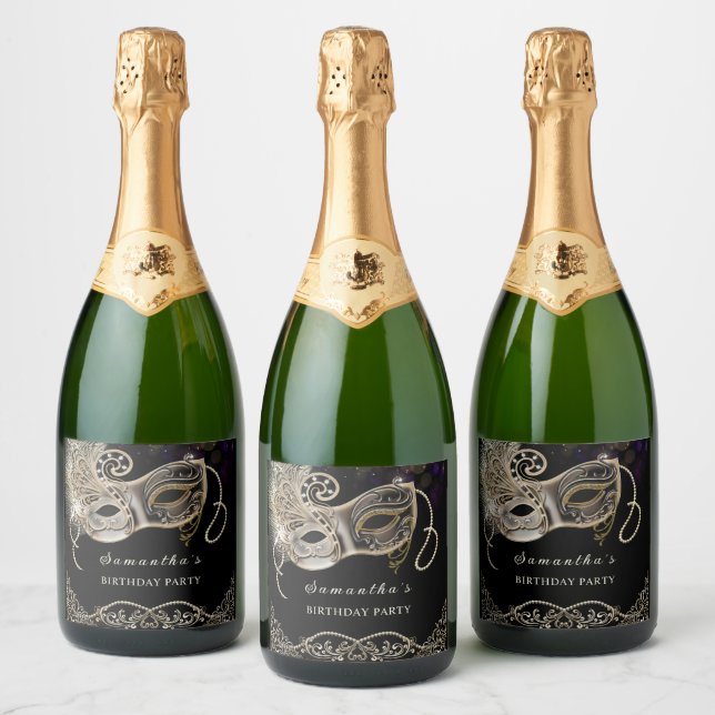 Personalisiertes Black Gold Lila Masquerade Party (Flaschen)