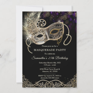 Personalisiertes Black Gold Lila Masquerade Party Einladung