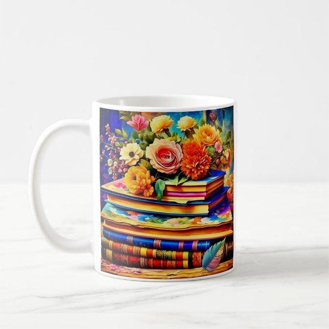 Personalisiertes Blatt Vintager Bücher und Blume Kaffeetasse (Links)
