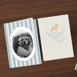 Personalisiertes blau gestreiftes Foto Golden Retr Dankeskarte