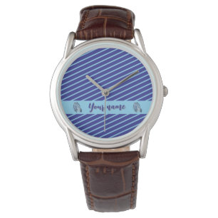 Personalisiertes blau gestreiftes modernes minimal armbanduhr