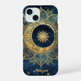 Personalisiertes Blau Himmlisches Gold Sonne Mond iPhone 15 Hülle