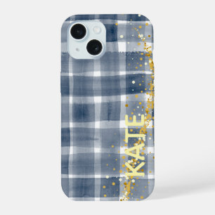 PERSONALISIERTES Blau Kariert Gold Ästhetik iPhone 15 Hülle