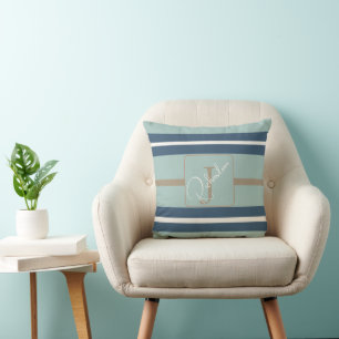 Personalisiertes Blau-Mint-Tan-Streifen-Monogramm- Kissen