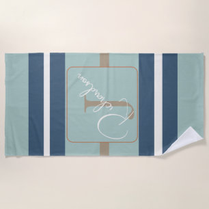 Personalisiertes Blau-Mint-Tan-Streifen-Monogramm  Strandtuch
