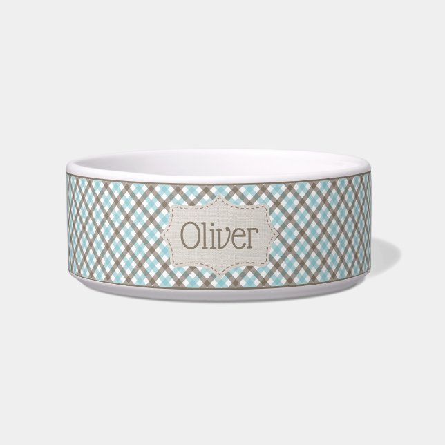 Personalisiertes Blau und braun Kariertes Tier Napf (Vorderseite)