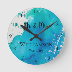 Personalisiertes Blau und Weiß für die Wasserfarbe Runde Wanduhr