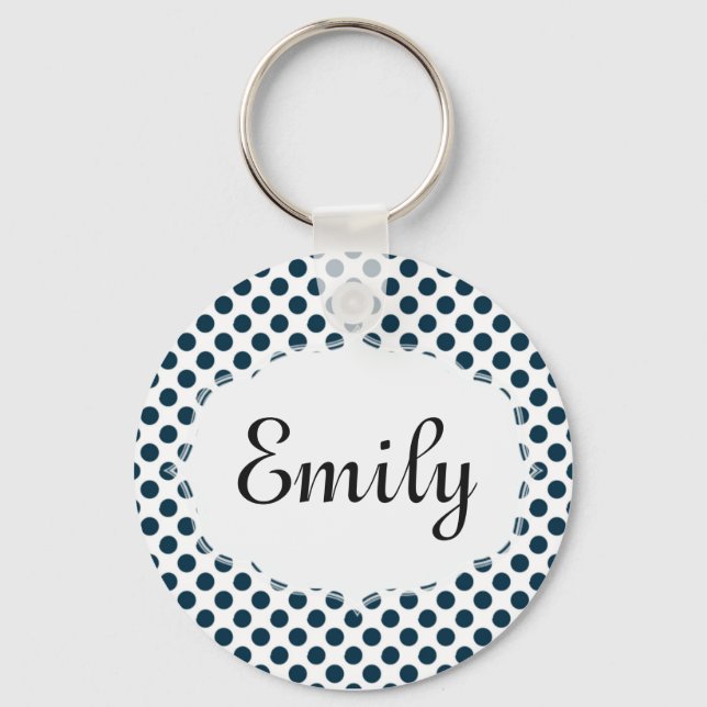 Personalisiertes Blau und Weiß Polka Dot Schlüssel Schlüsselanhänger (Vorderseite)