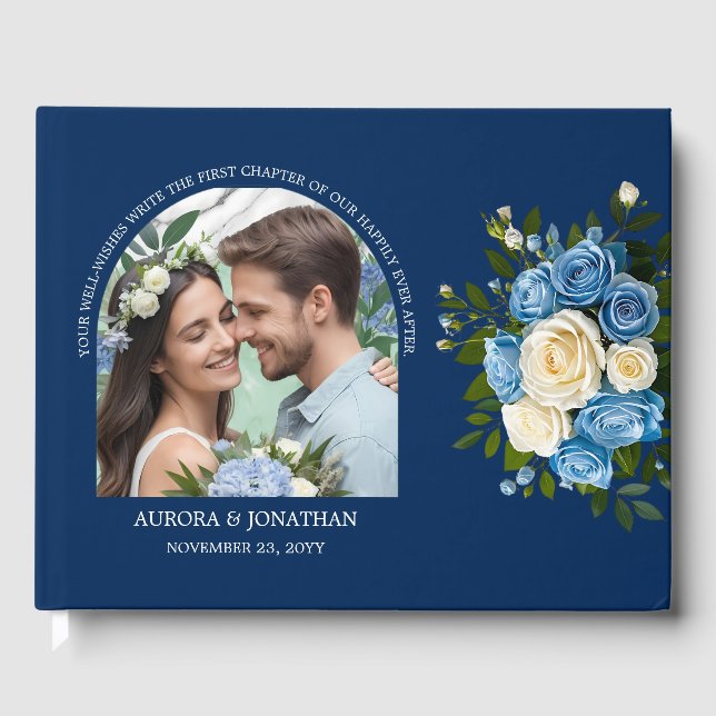 Personalisiertes Blau und Weiße Rosen Gästebuch (Vorderseite)