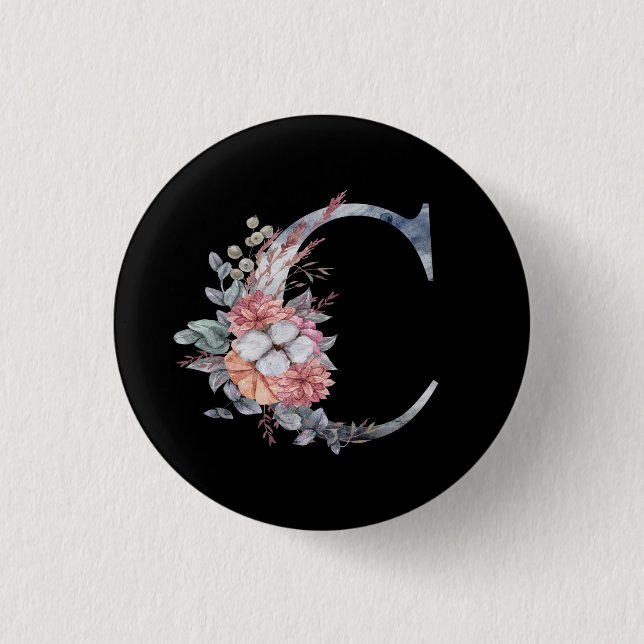 Personalisiertes blaues Blumenmonogramm C Button (Vorderseite)