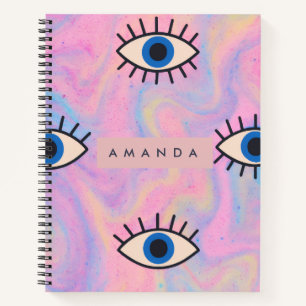 Personalisiertes Blaues Böse-Augen-Pop-Art auf Pas Notizbuch