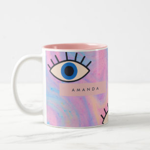 Personalisiertes Blaues Böse-Augen-Pop-Art auf Pas Zweifarbige Tasse