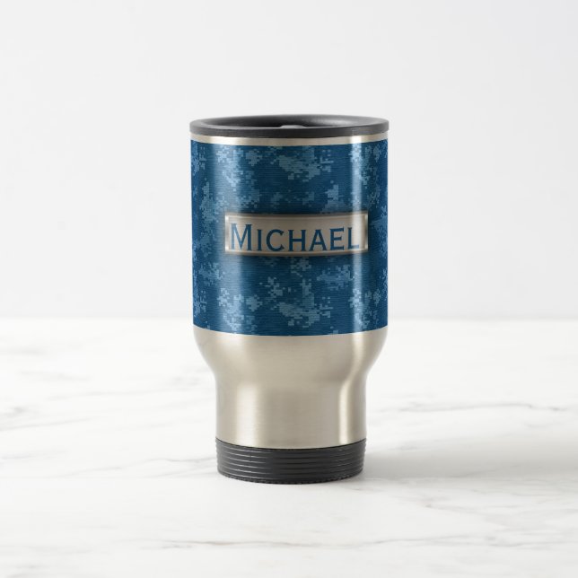Personalisiertes Blaues Camouflage-Muster Reisebecher (Mittel)