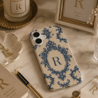Personalisiertes blaues Damast-Monogramm iPhone 16 Hülle