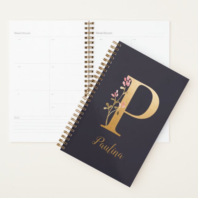 Personalisiertes blaues Elegant-Blumenmonogramm P Planer (Anzeige)