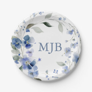 Personalisiertes blaues elegantes florales Monogra Pappteller