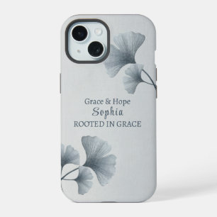 Personalisiertes blaues Ginkgoblatt mit individuel iPhone 15 Hülle