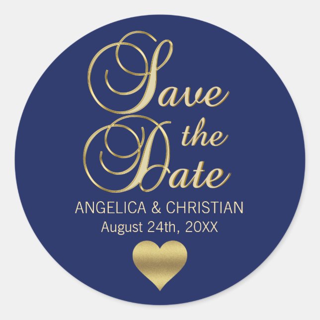 Personalisiertes blaues Gold SAVE THE DATE Hochzei Runder Aufkleber (Vorderseite)