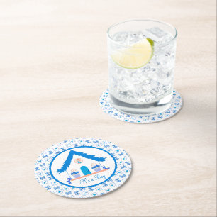 Personalisiertes Blaues Haus It's a Boy Baby Showe Runder Pappuntersetzer