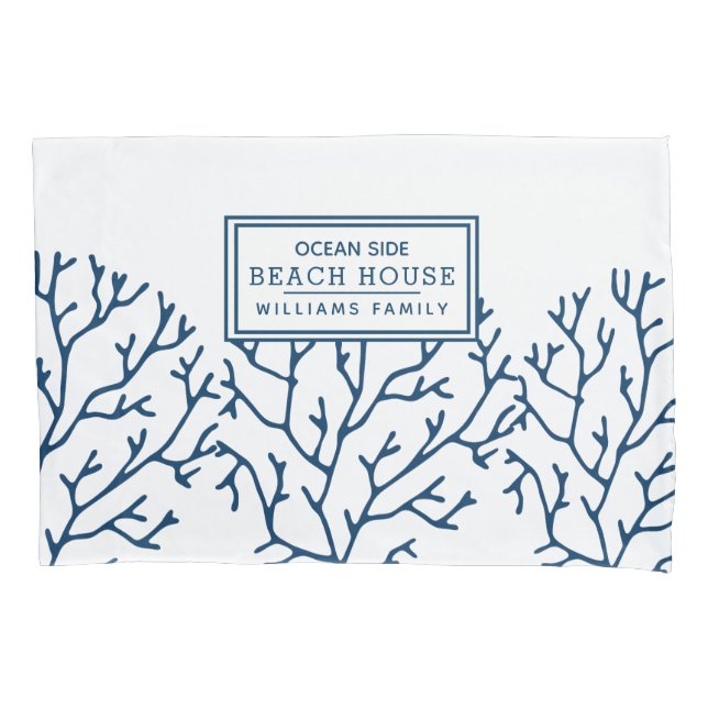 Personalisiertes Blaues Korallenmuster - Beach Hou Kissenbezug (Vorderseite)