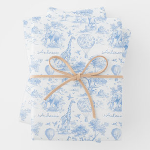 Personalisiertes blaues Toile-Safari-Baby-Shower-G Geschenkpapier Set