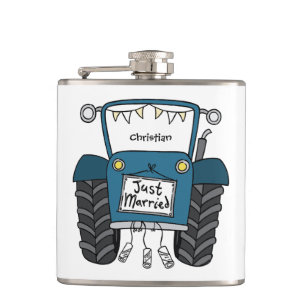 Personalisiertes blaues Traktor-Land-Hochzeitsgesc Flachmann