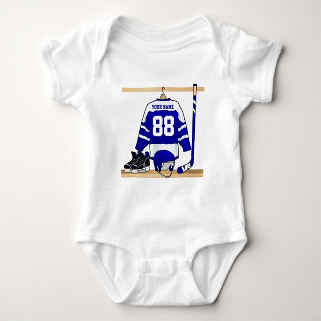 Personalisiertes blaues und weißes Eis-Hockey Baby Strampler (Vorderseite)