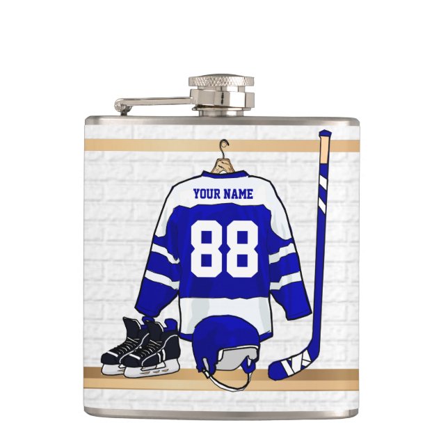 Personalisiertes blaues und weißes Eis-Hockey Flachmann (Vorderseite)
