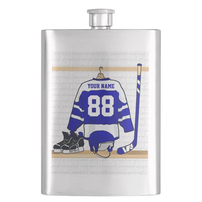 Personalisiertes blaues und weißes Eis-Hockey Flachmann (Vorderseite)