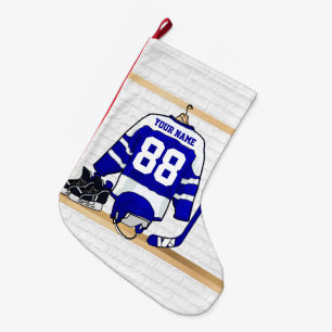 Personalisiertes blaues und weißes Eis-Hockey Großer Weihnachtsstrumpf