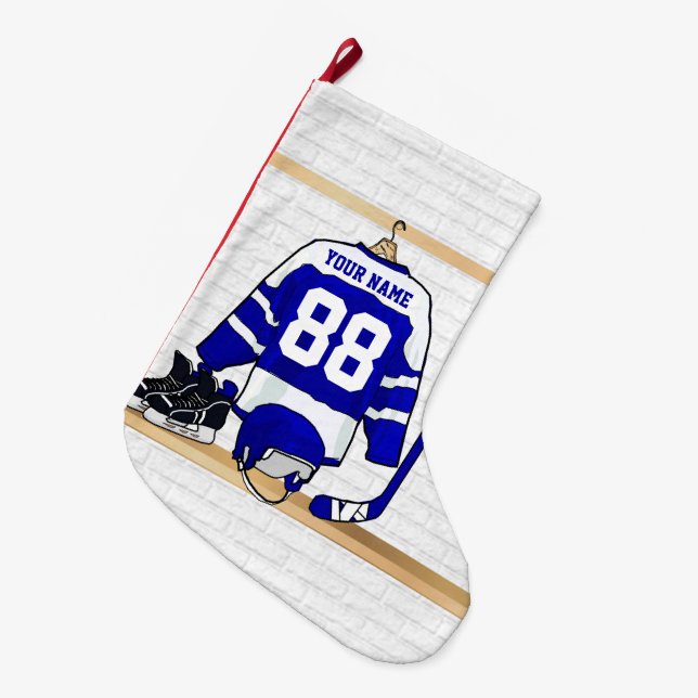 Personalisiertes blaues und weißes Eis-Hockey Großer Weihnachtsstrumpf (Vorderansicht (hängend))