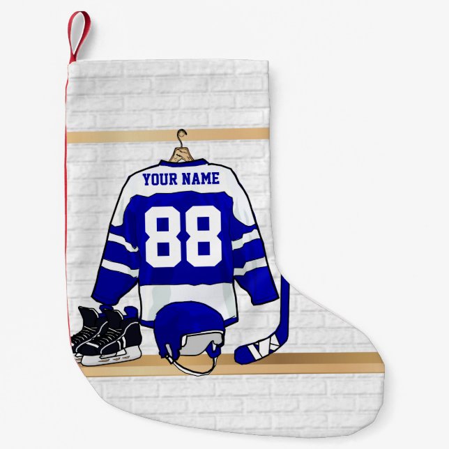Personalisiertes blaues und weißes Eis-Hockey Kleiner Weihnachtsstrumpf (Vorderseite)