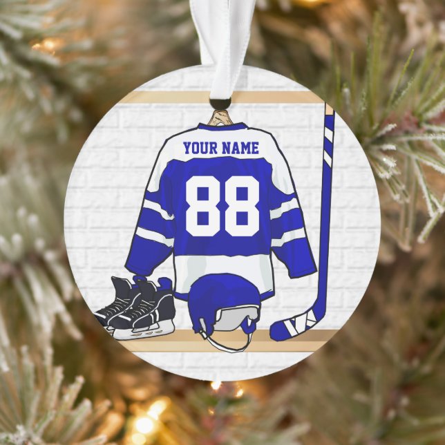 Personalisiertes blaues und weißes Eis-Hockey Ornament (Baum)