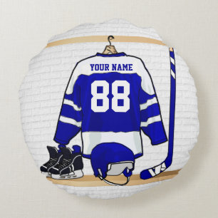Personalisiertes blaues und weißes Eis-Hockey Rundes Kissen