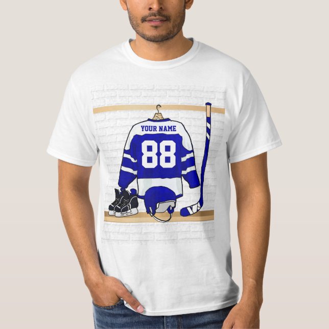 Personalisiertes blaues und weißes Eis-Hockey T-Shirt (Vorderseite)