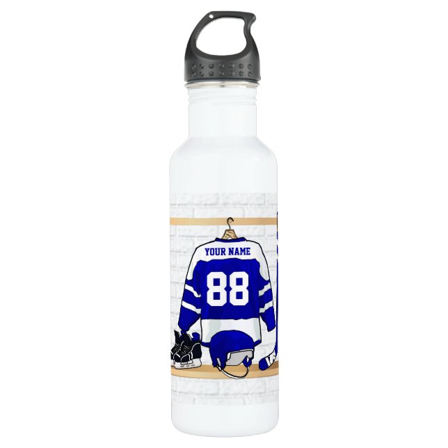 Personalisiertes blaues und weißes Eis-Hockey Trinkflasche (Vorderseite)