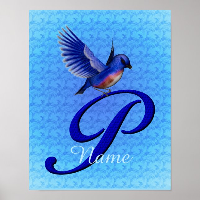 Personalisiertes Blaues-Vogel-Monogramm Anfangsbuc Poster (Vorne)