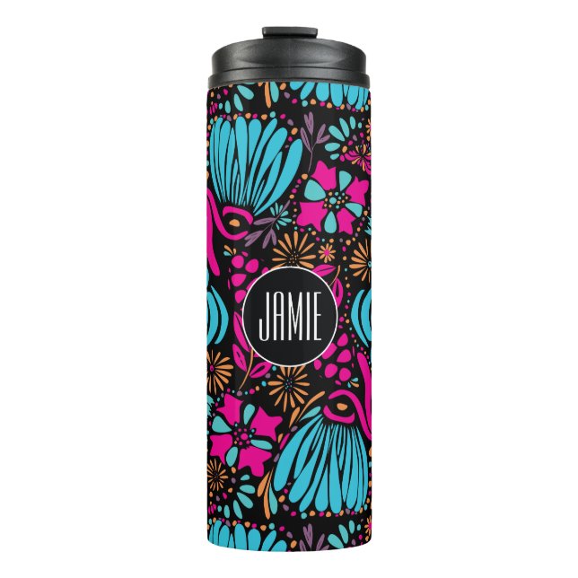 Personalisiertes blaurosa Lila Blumenmuster Thermosbecher (Vorderseite)
