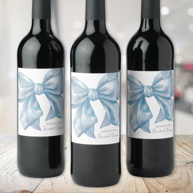 Personalisiertes Blue Bow-Brautparty Weinetikett (Personalized Blue Bow Bridal Shower Wine Label)