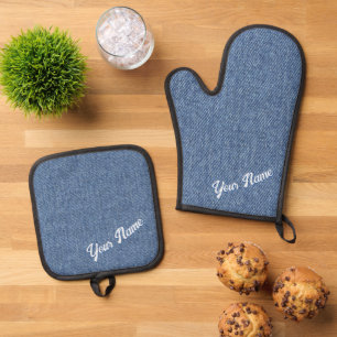 PERSONALISIERTES BLUE DENIM PATTER OFENHANDSCHUH & Topflappen-Set