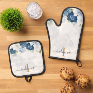 Personalisiertes Blue Floral Monogram Script Ofenhandschuh & Topflappen-Set