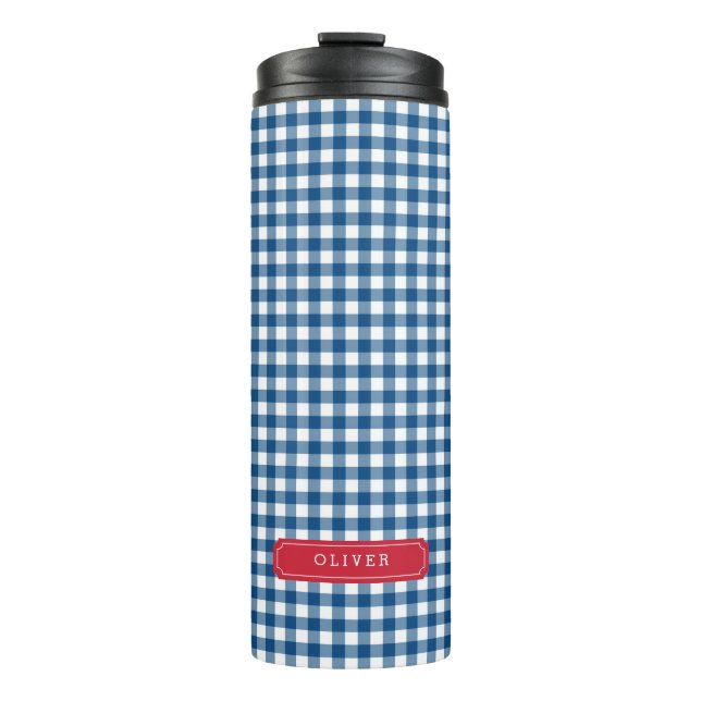 Personalisiertes Blue Gingham Monogramm Thermosbecher (Vorderseite)