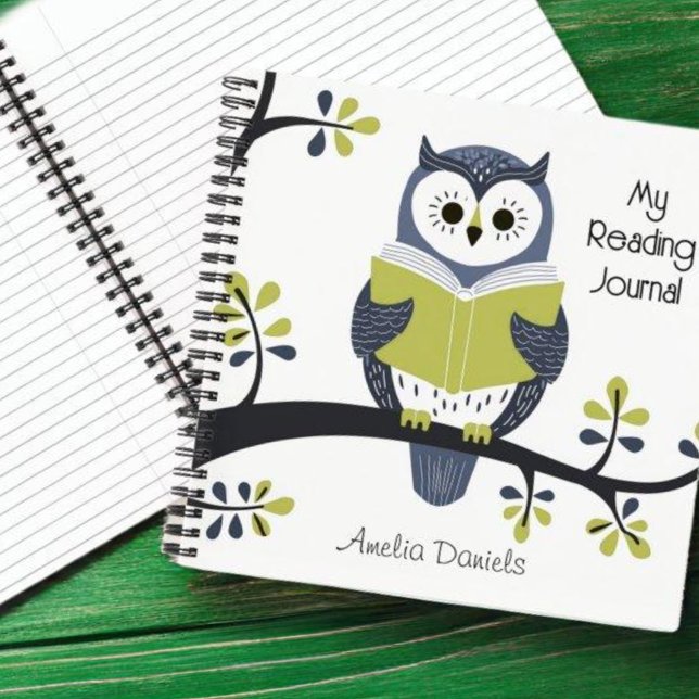 Personalisiertes Blue & Green Owl Reading Journal Notizbuch (Von Creator hochgeladen)