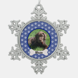 Personalisiertes Blue Paw Print Dog Puppy-Knochen- Schneeflocken Zinn-Ornament